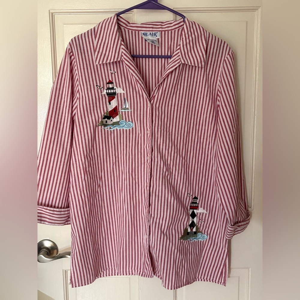 Coastal grandma nautical lighthouse button up striped top Blair medium